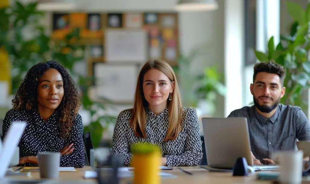 A diverse group of lawyers sitting at a table with laptops in a bright, plant-filled office space.