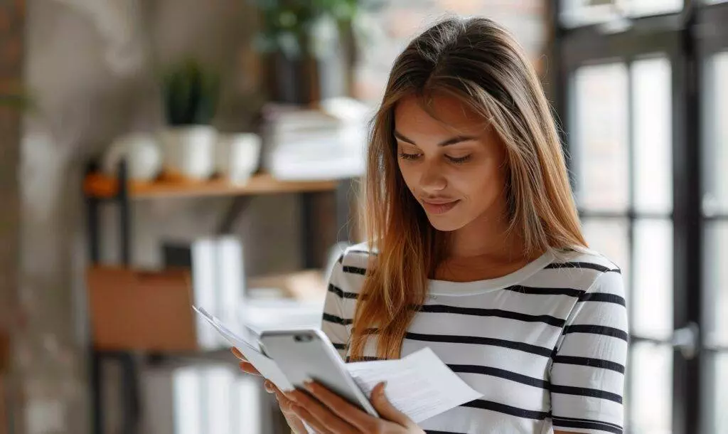 A woman lawyer reviews documents while looking at her smartphone, standing in a well-lit office space.