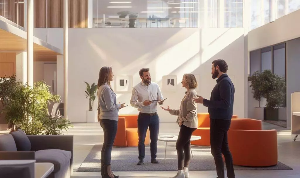 Lawyer discussing with colleagues in a bright, modern office space.