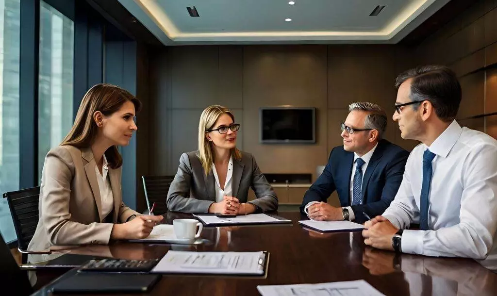 Lawyers engaged in a meeting around a conference table, discussing documents in a modern office setting.