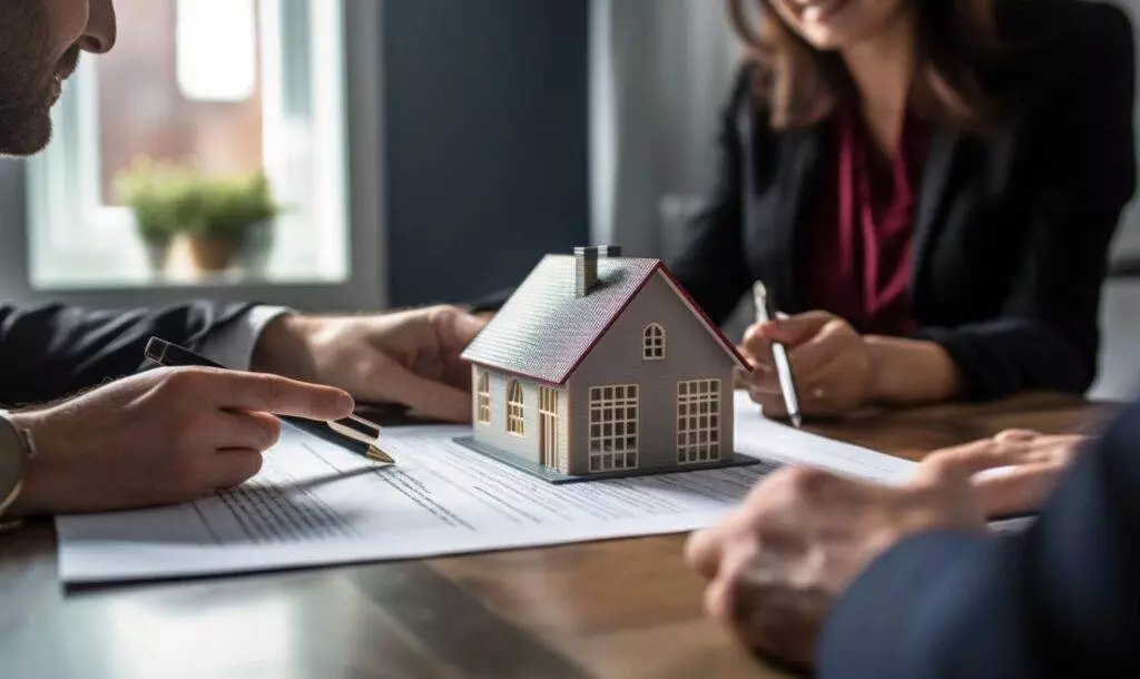 Lawyers discussing a property contract with a model house on the table.