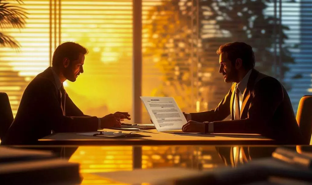 Two lawyers in suits discuss a document at a table, bathed in warm sunset light through office blinds.