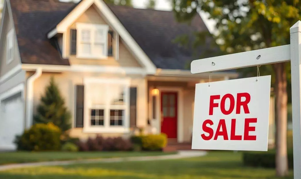 House for sale sign in front yard, beige home with trees. Suitable for legal advice from a real estate lawyer.