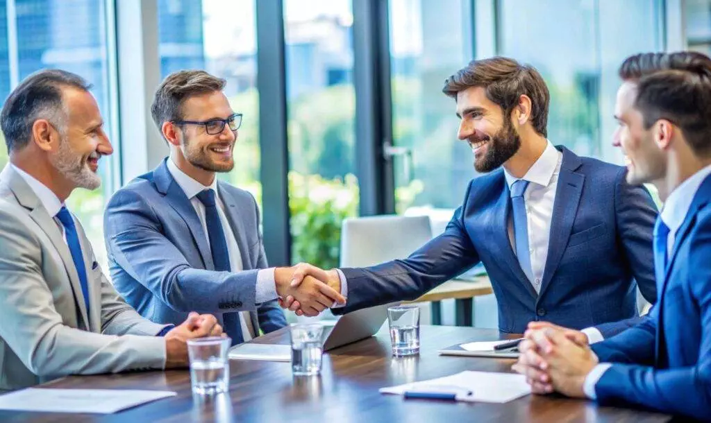 Lawyers in suits shaking hands at a conference table in a modern office, with paperwork and glasses of water present.