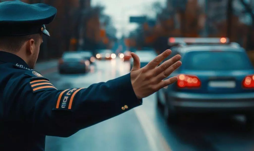 Police officer directing traffic on a busy road, emphasizing law enforcement's role similar to a lawyer's in legal matters.