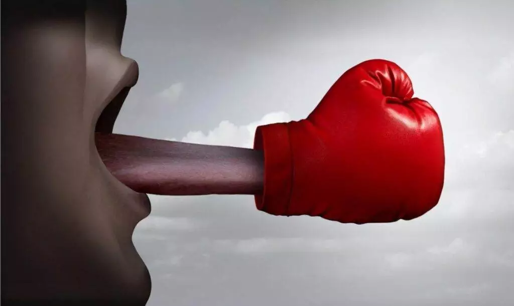 Illustration of a tongue forming a red boxing glove, symbolizing verbal confrontation or argument, relevant to a lawyer.