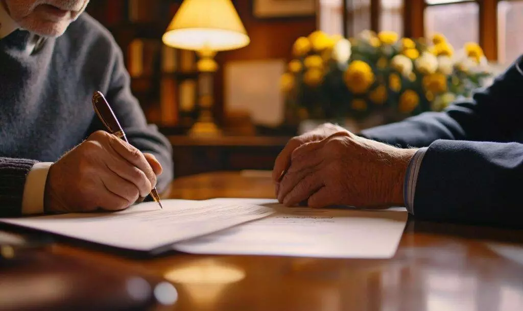 Lawyer reviewing documents with a client in a dimly lit office, focused on paperwork.