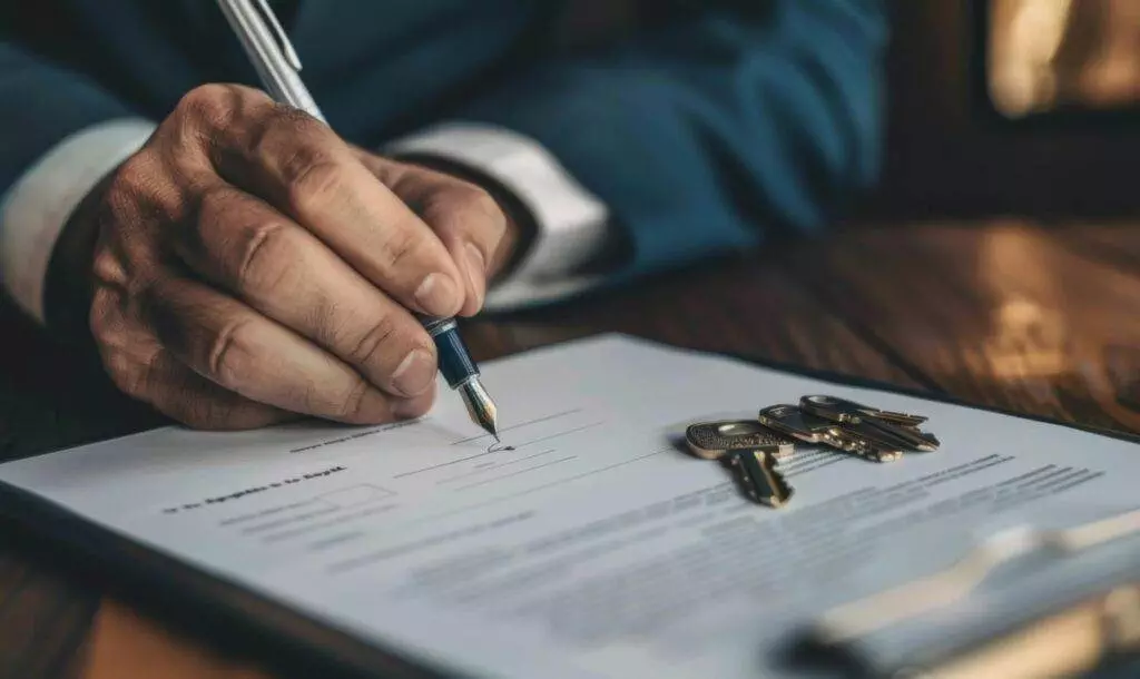 Lawyer signing a legal document at a wooden desk with a set of keys nearby.